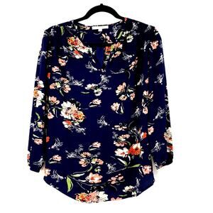 Fun 2 fun Top Women Small Navy Blue Floral Split Neck Long Sleeve Pullover